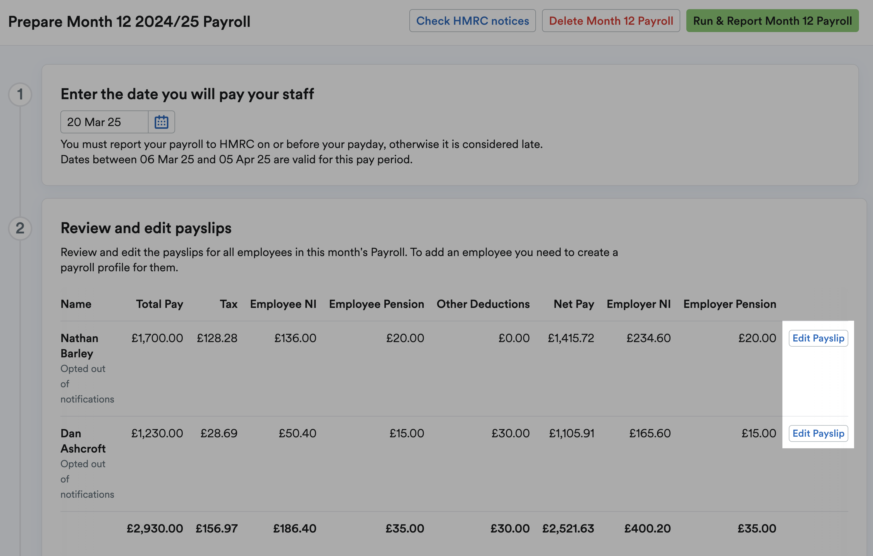 'Edit Payslip' button next to employee's listing.