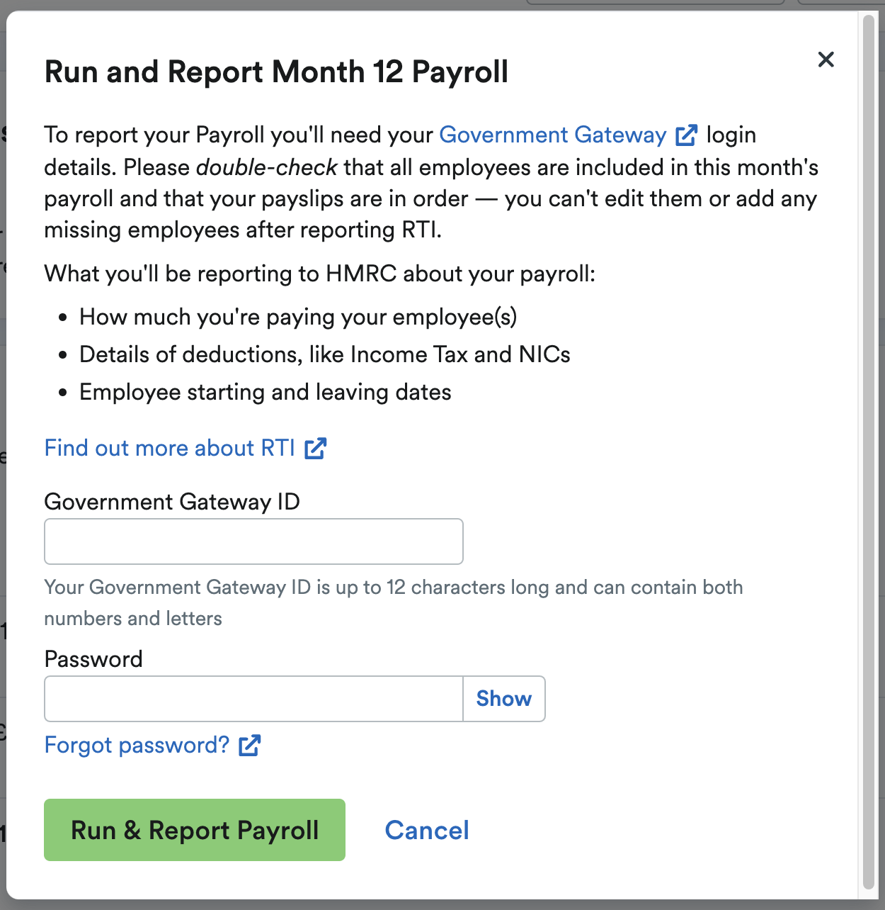 Pop-up window to enter Government Gateway ID and Password.