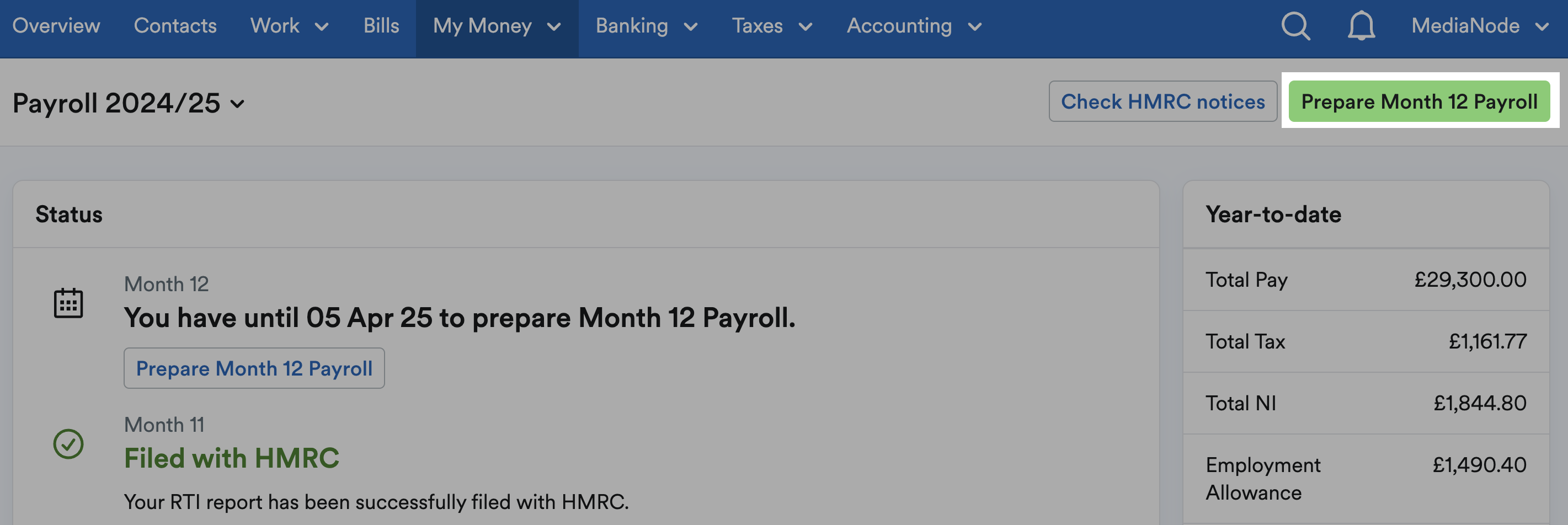 'Prepare Month [x] Payroll' button highlighted on top of payroll page.