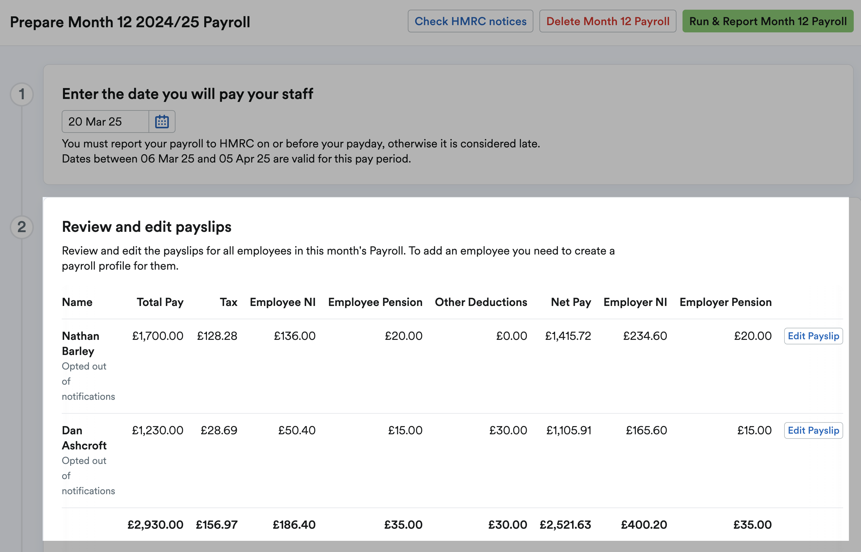 Step 2 to review and edit payslips to prepare month [x] payroll.