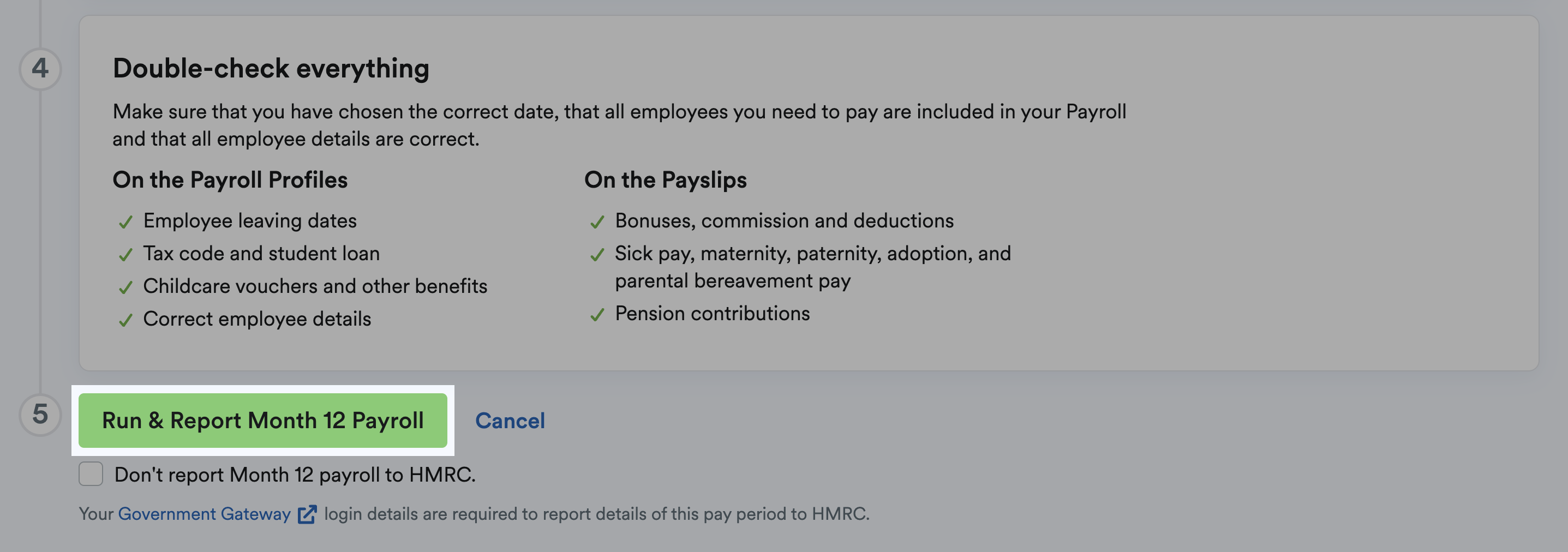 'Run and Report Month [x] Payroll' button highlighted at bottom of page.