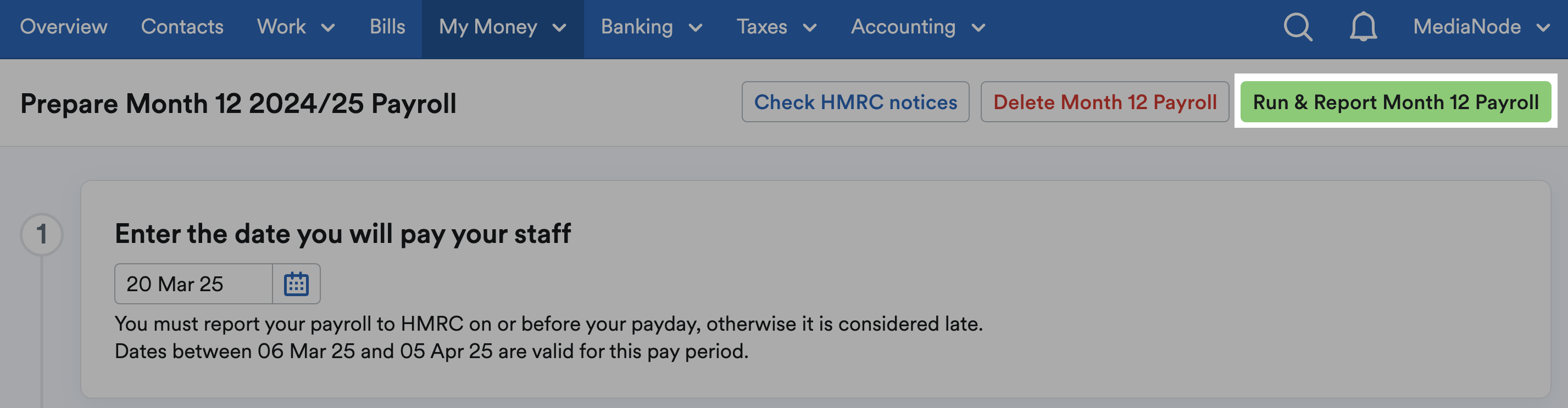 'Run and Report Month [x] Payroll' button highlighted at top of page.