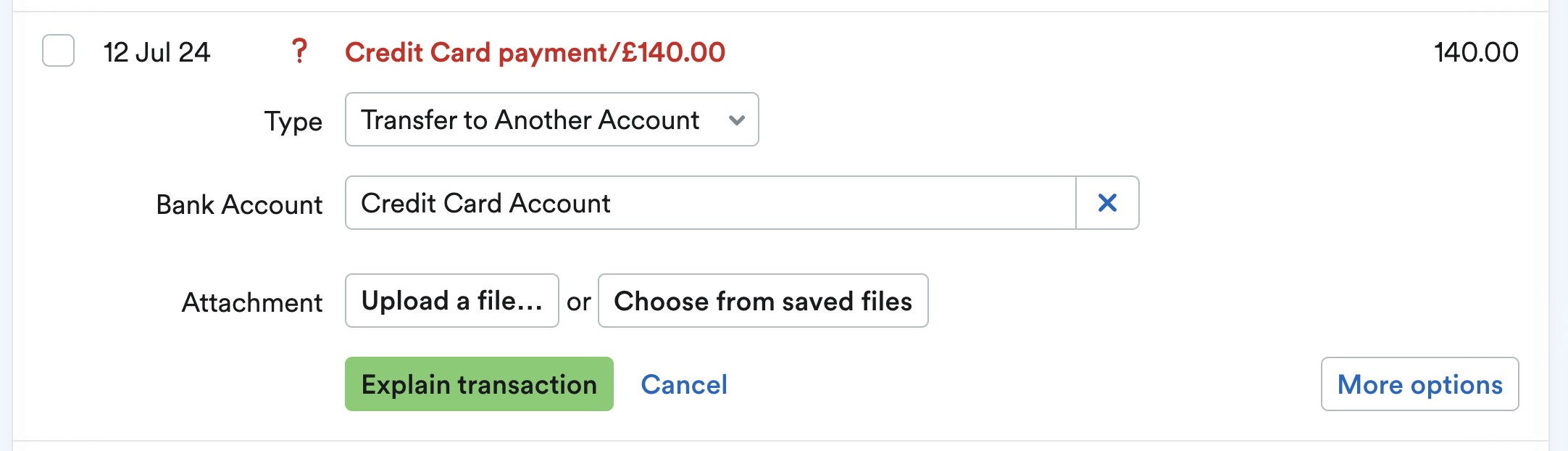 bank transaction being explained as a transfer to the credit card account