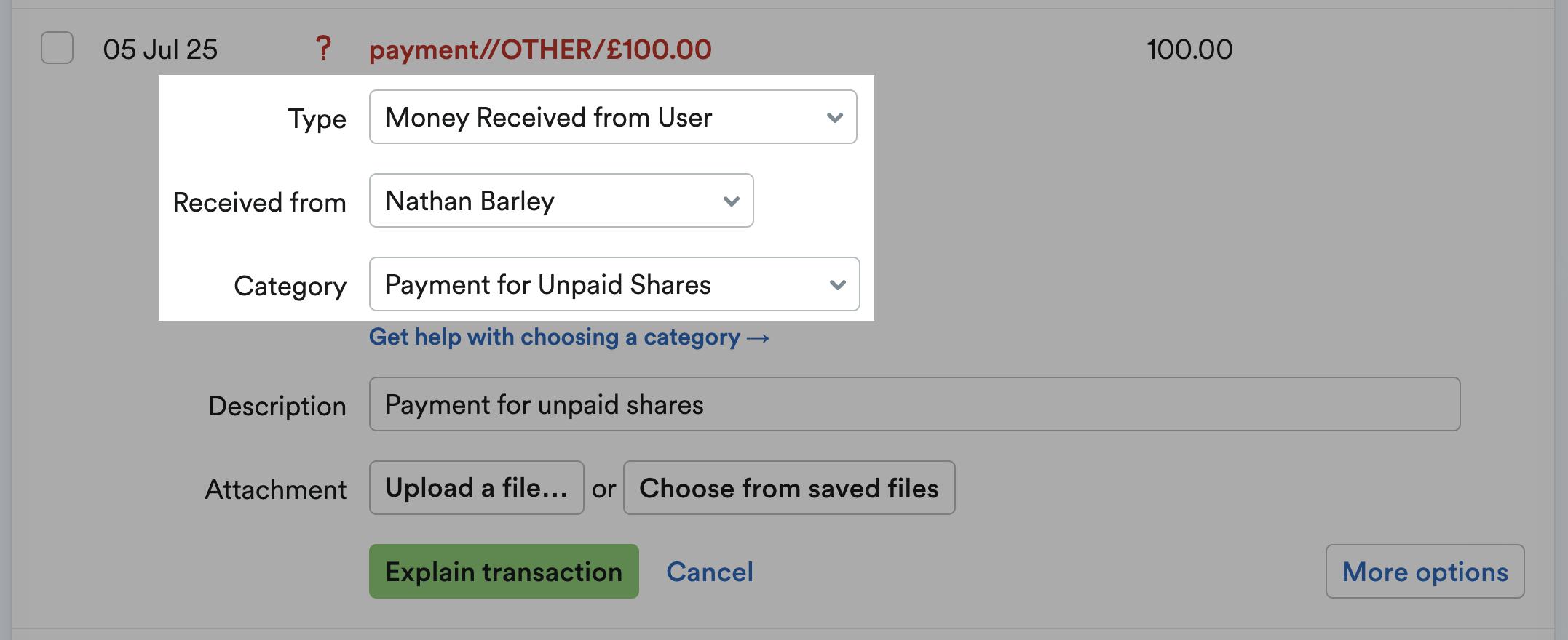 bank transaction being explained as a payment for unpaid shares