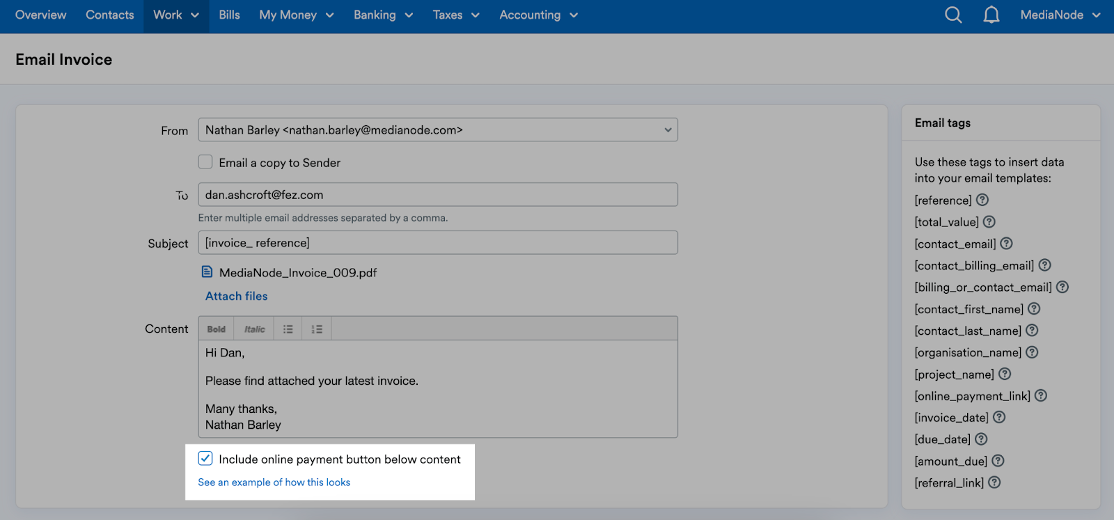 Invoice email page with checkbox to 'Include online payment button below content' ticked and highlighted.