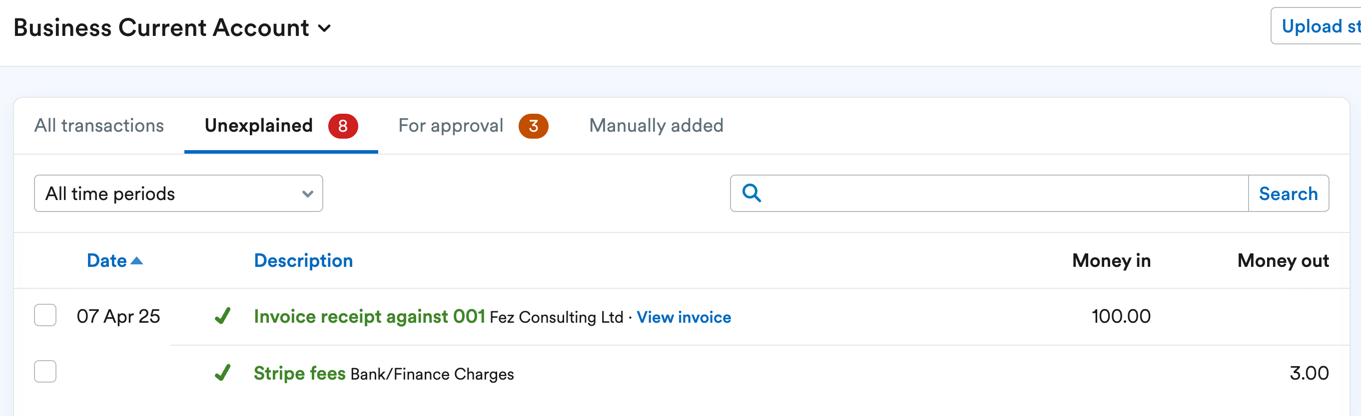 Bank transaction having been split between the invoice payment and Stripe fees.