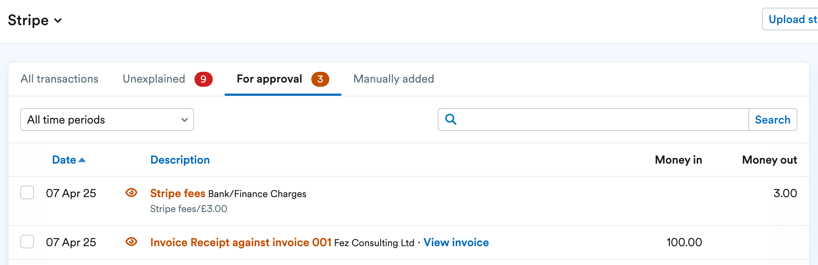 Stripe bank account with invoice receipt and Stripe fees awaiting approval.