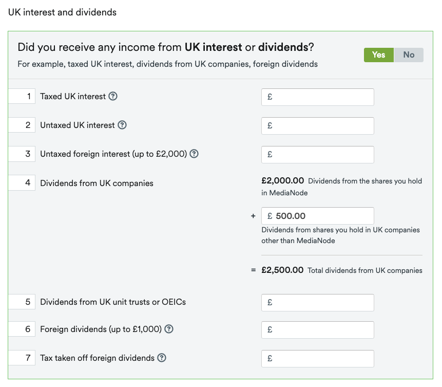 Uk interest and dividends section of the main return page