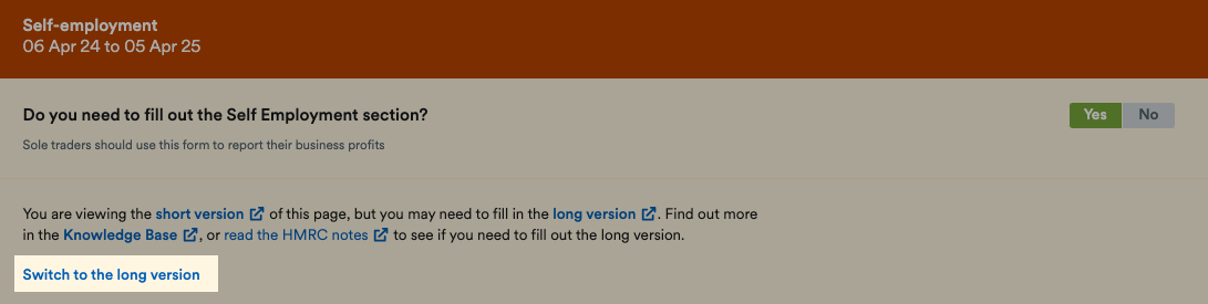 Switch to long version link highlighted on Self-employment page