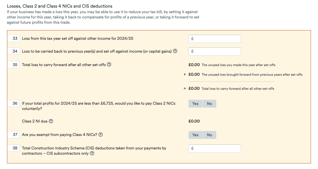 Losses section of Self-employment page