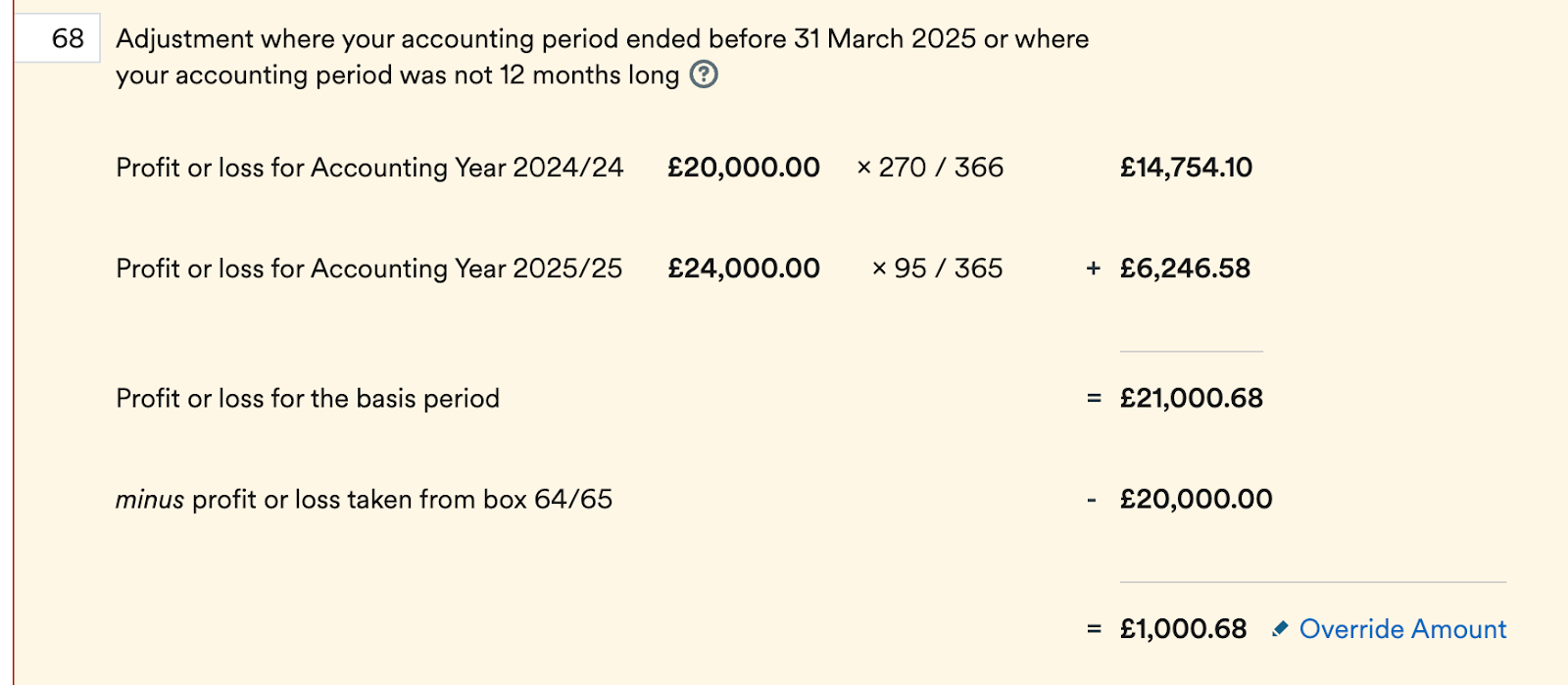 Box 68 showing the adjustment calculations