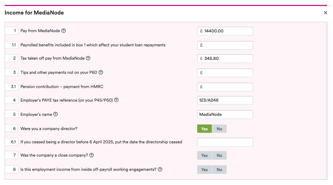 Income section of Employment page