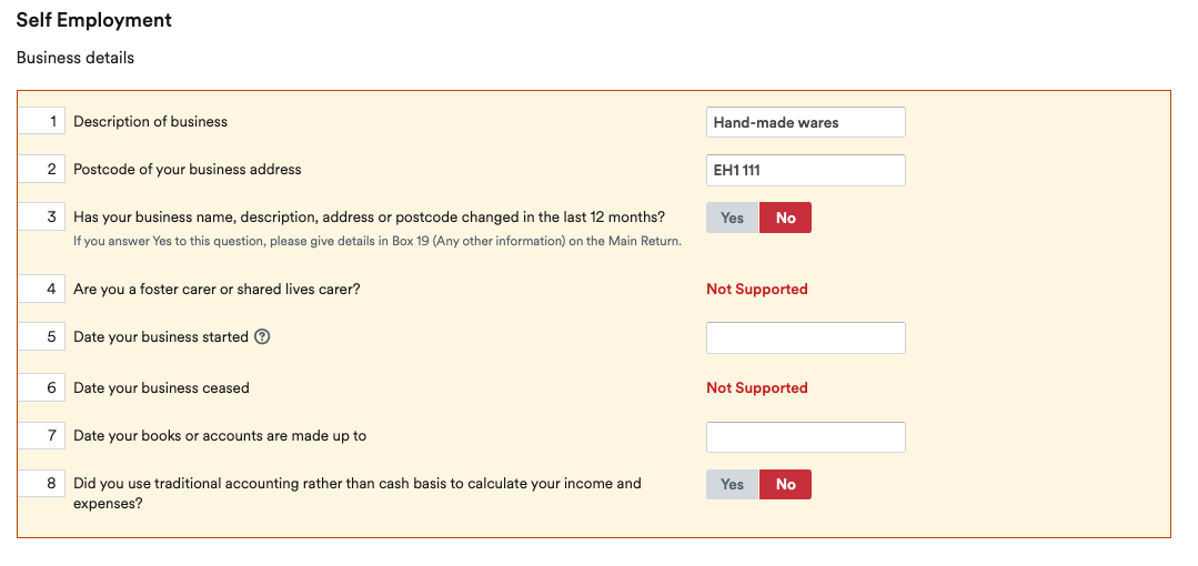 Business details section of Self-Employment page