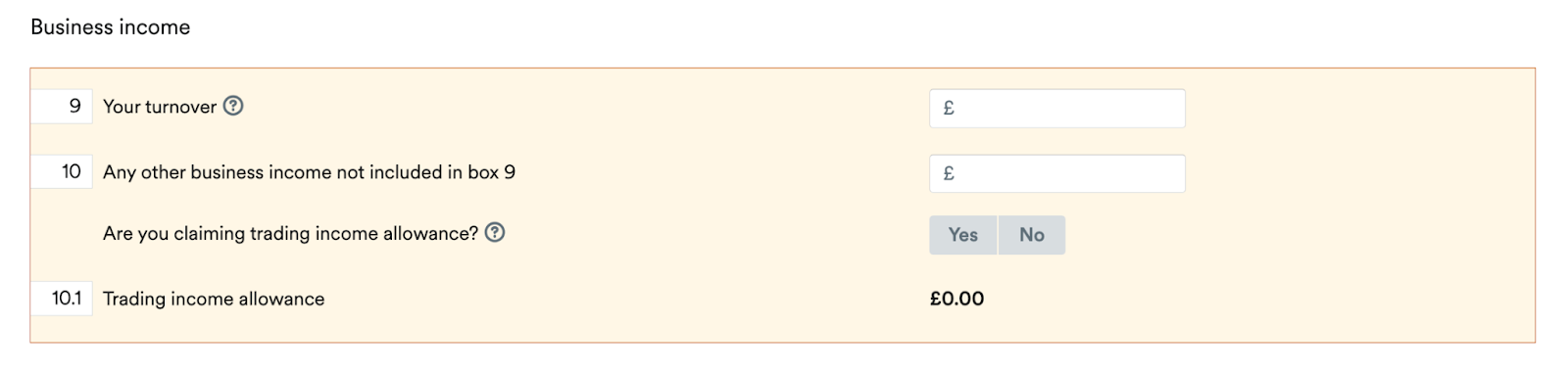 Business income section of Self-Employment page
