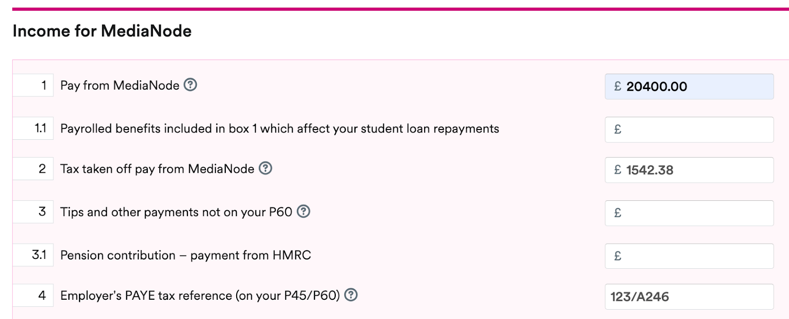 Income section on Employment page