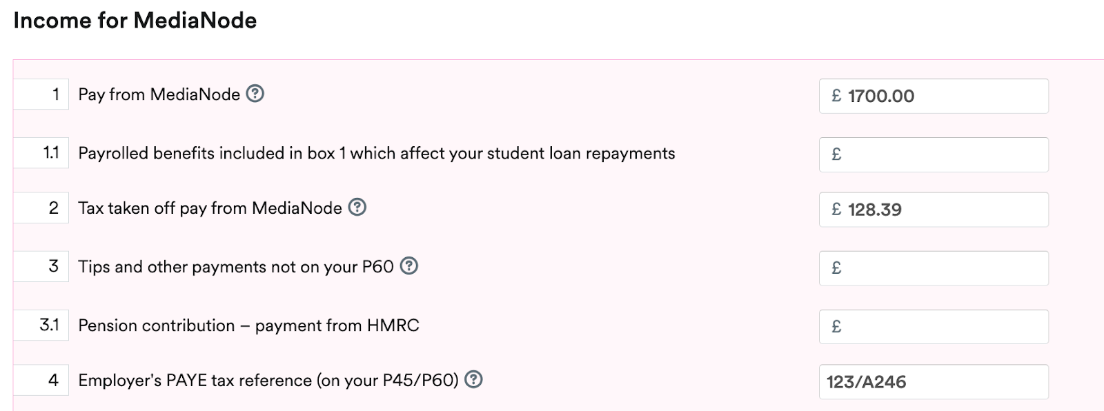 Income section on Employment page