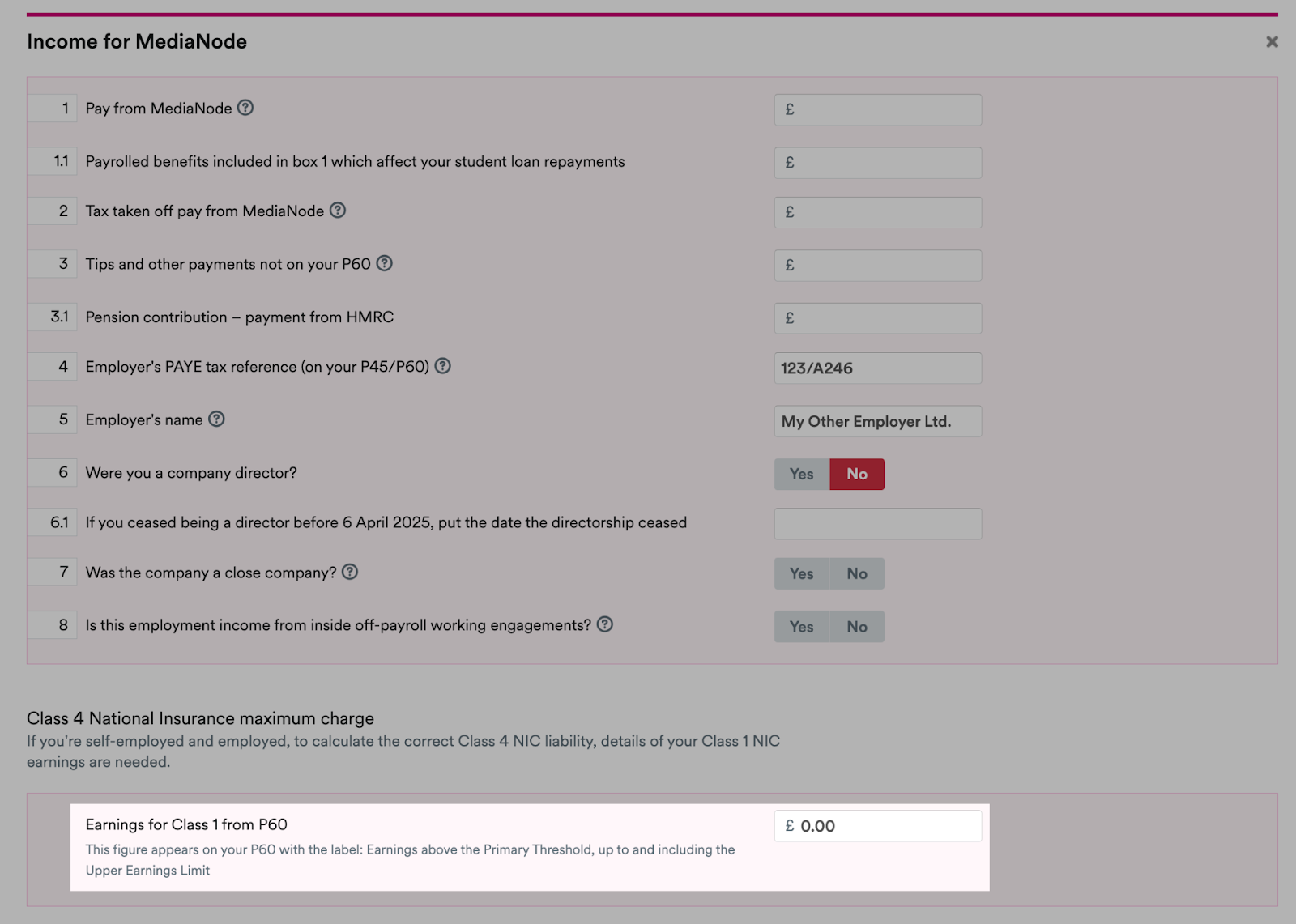 Earnings from Class 1 P60 field highlighted on Employment page