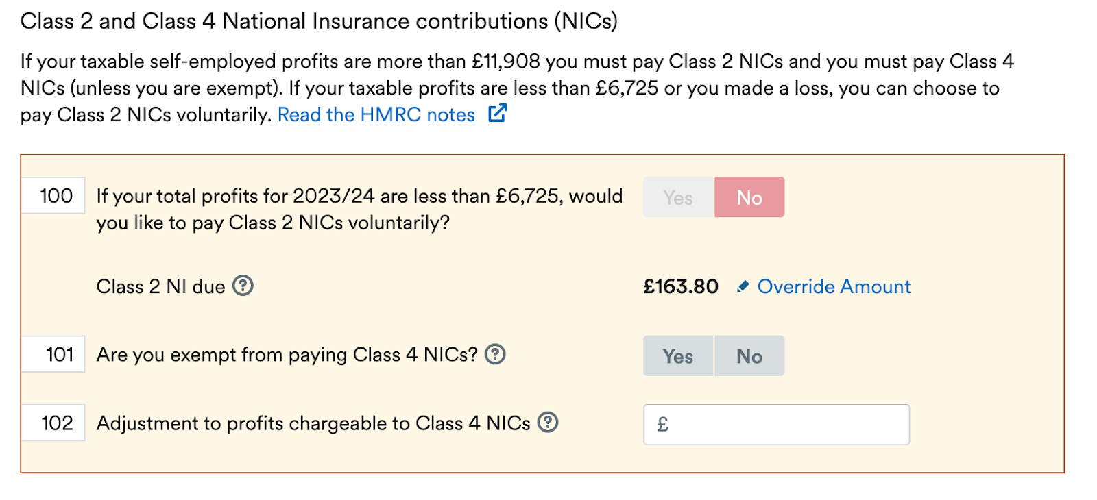 National Insurance contributions section of self employment page