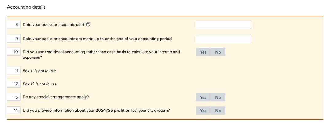 Accounting details section of self employment page