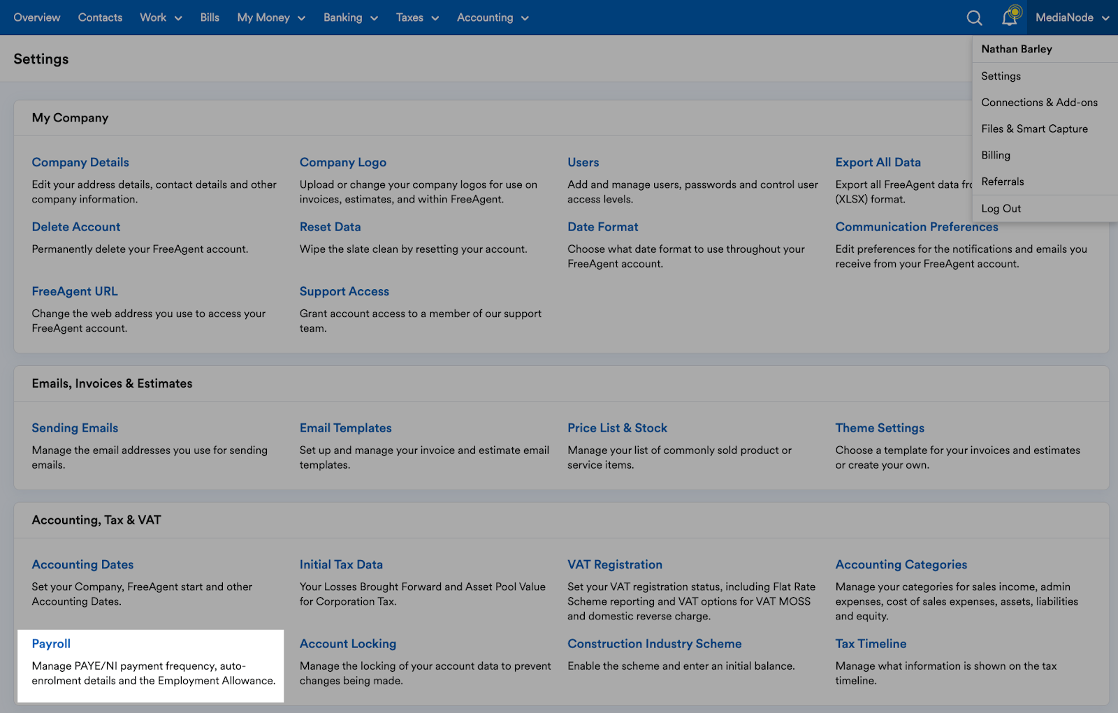 Payroll highlighted within Accounting, Tax and VAT section on Settings page.