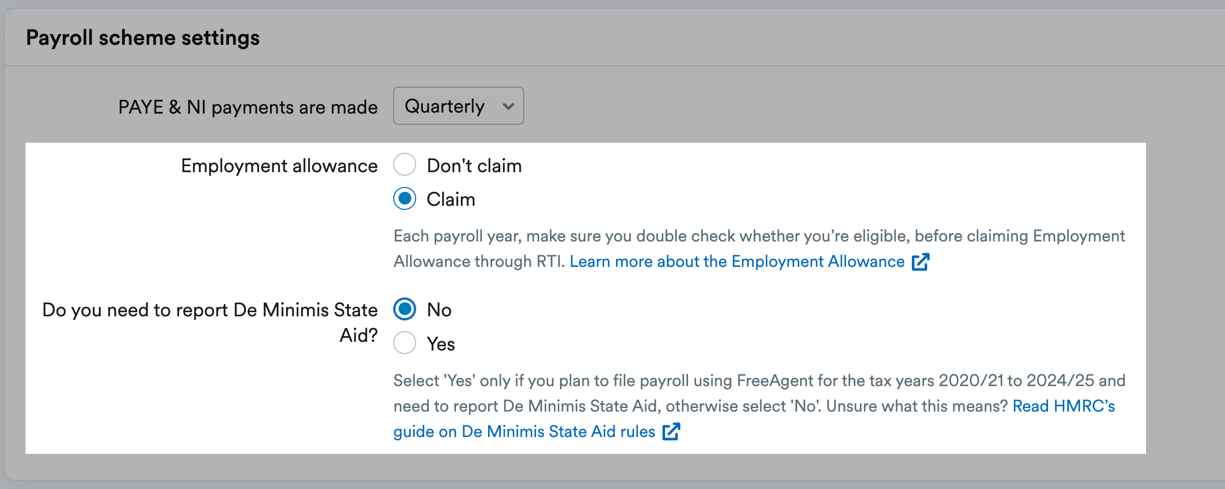 Payroll scheme settings section with Employment allowance field set to 'Claim' and Do you nee to report De Minimis State Aid? answered with 'No'.