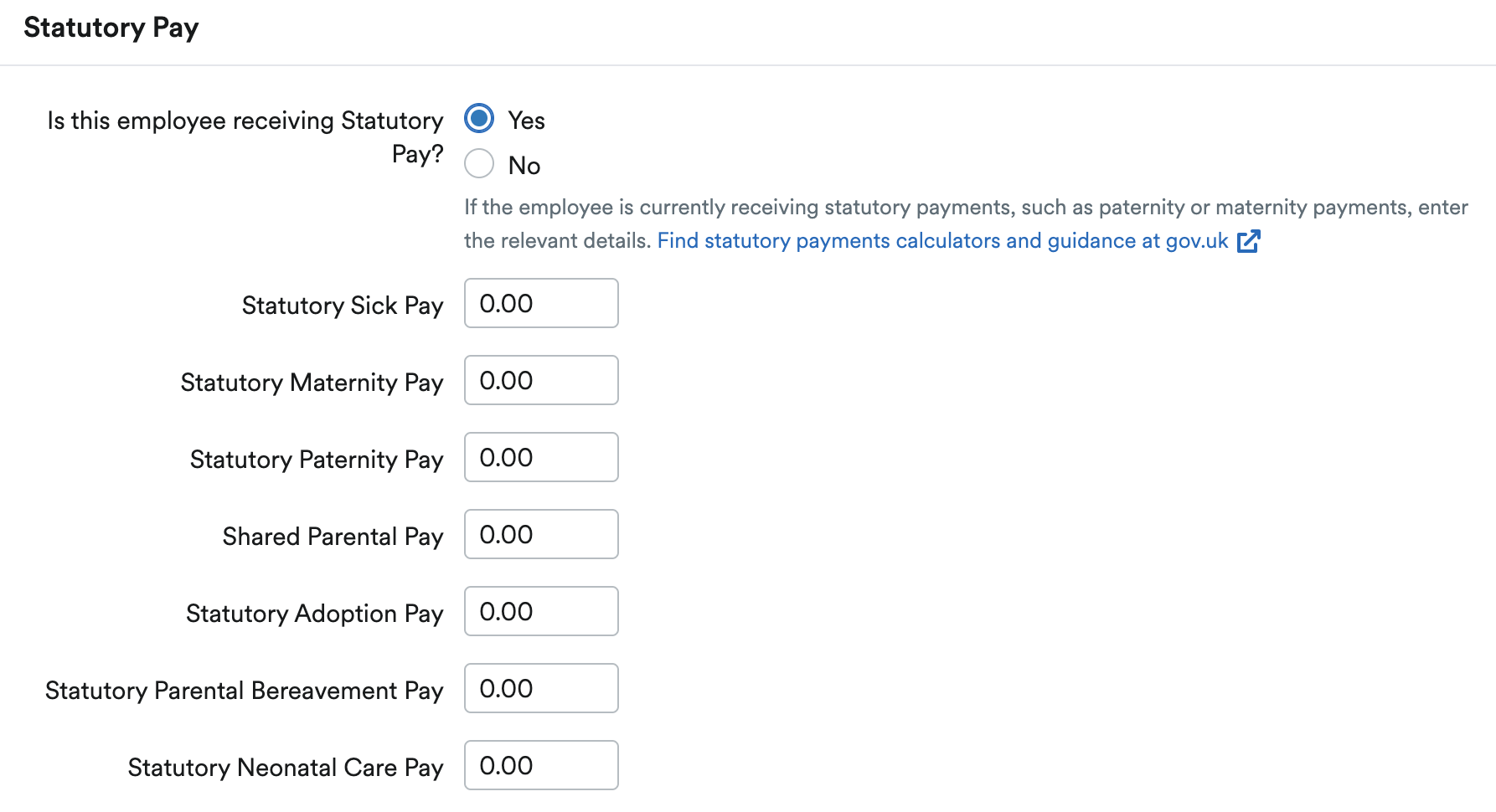 Statutory pay section for sick, maternity, paternity, parental, adoption, parental bereavement, and neonatal care pay.