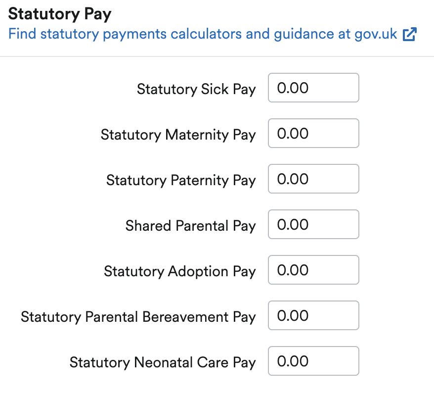Statutory pay area with sick, maternity, paternity, shared parental, adoption, and parental bereavement pay.Statutory pay area with sick, maternity, paternity, shared parental, adoption, parental bereavement, and neonatal care pay.