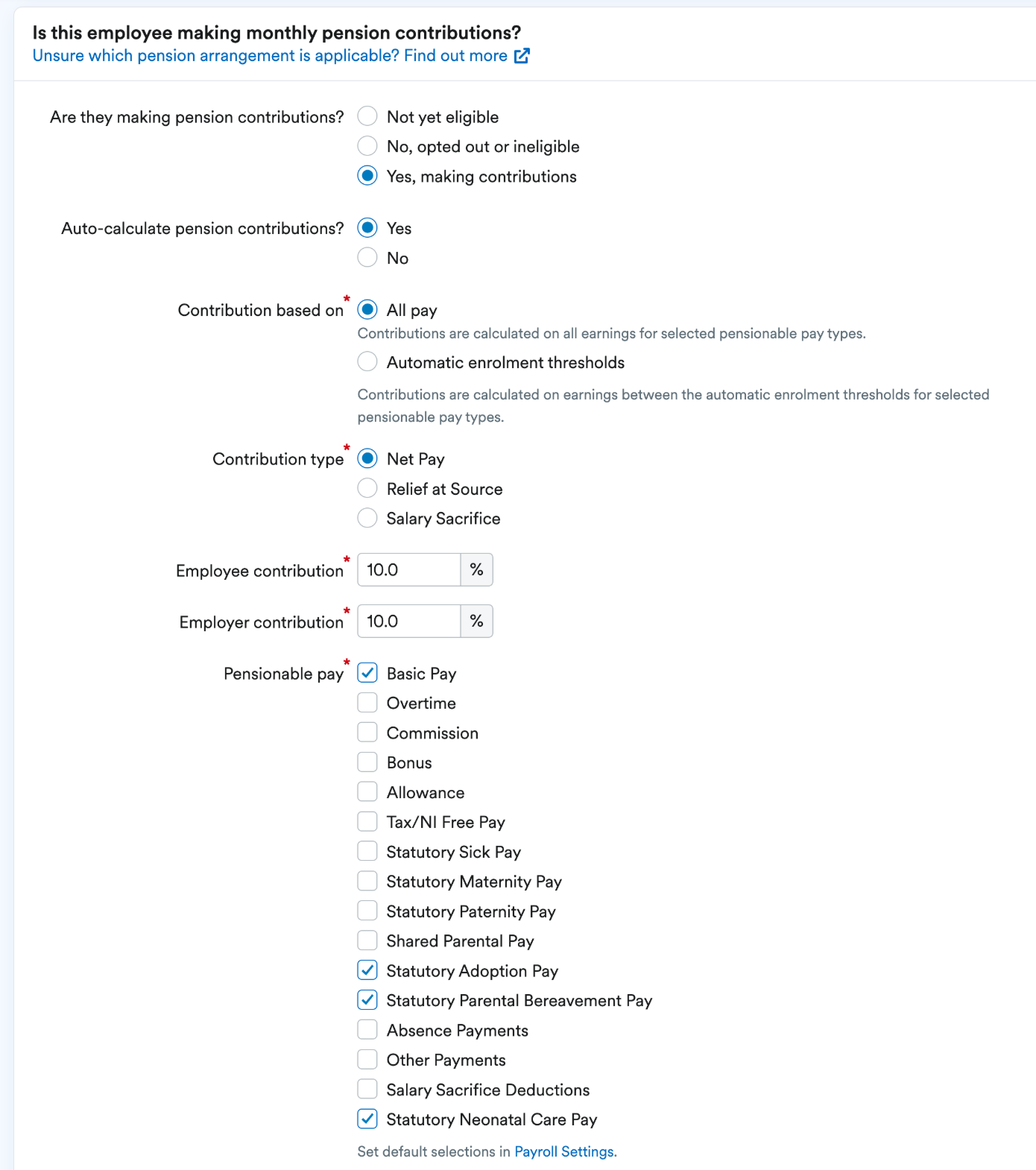 Options for selecting pension contributions