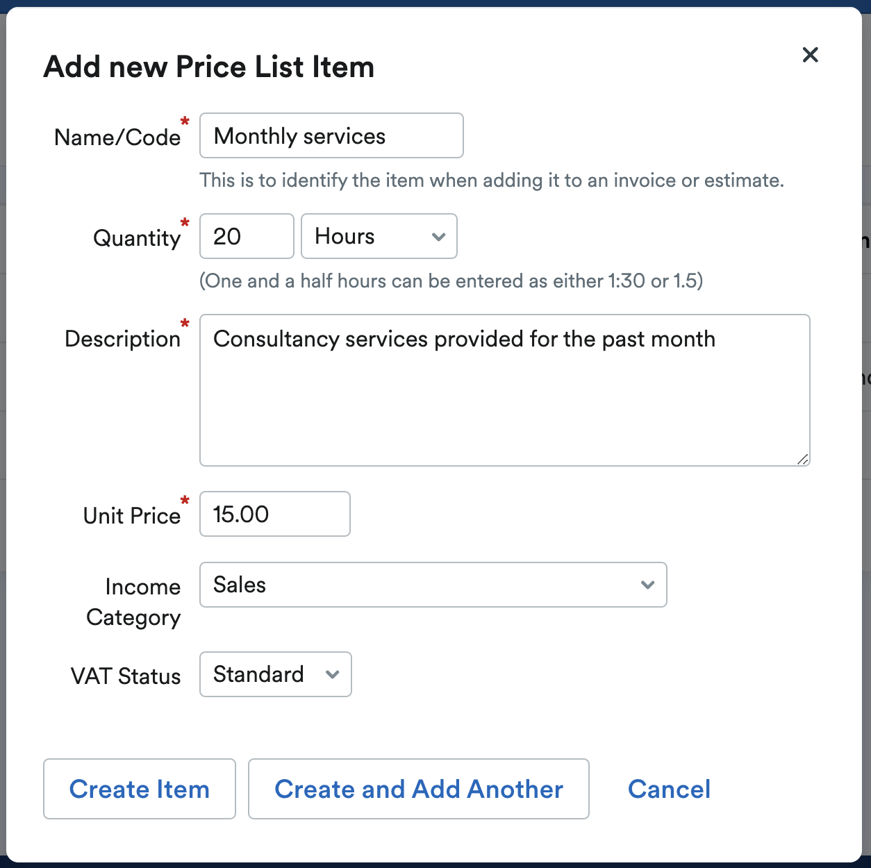 'Add new Price List Item' window.