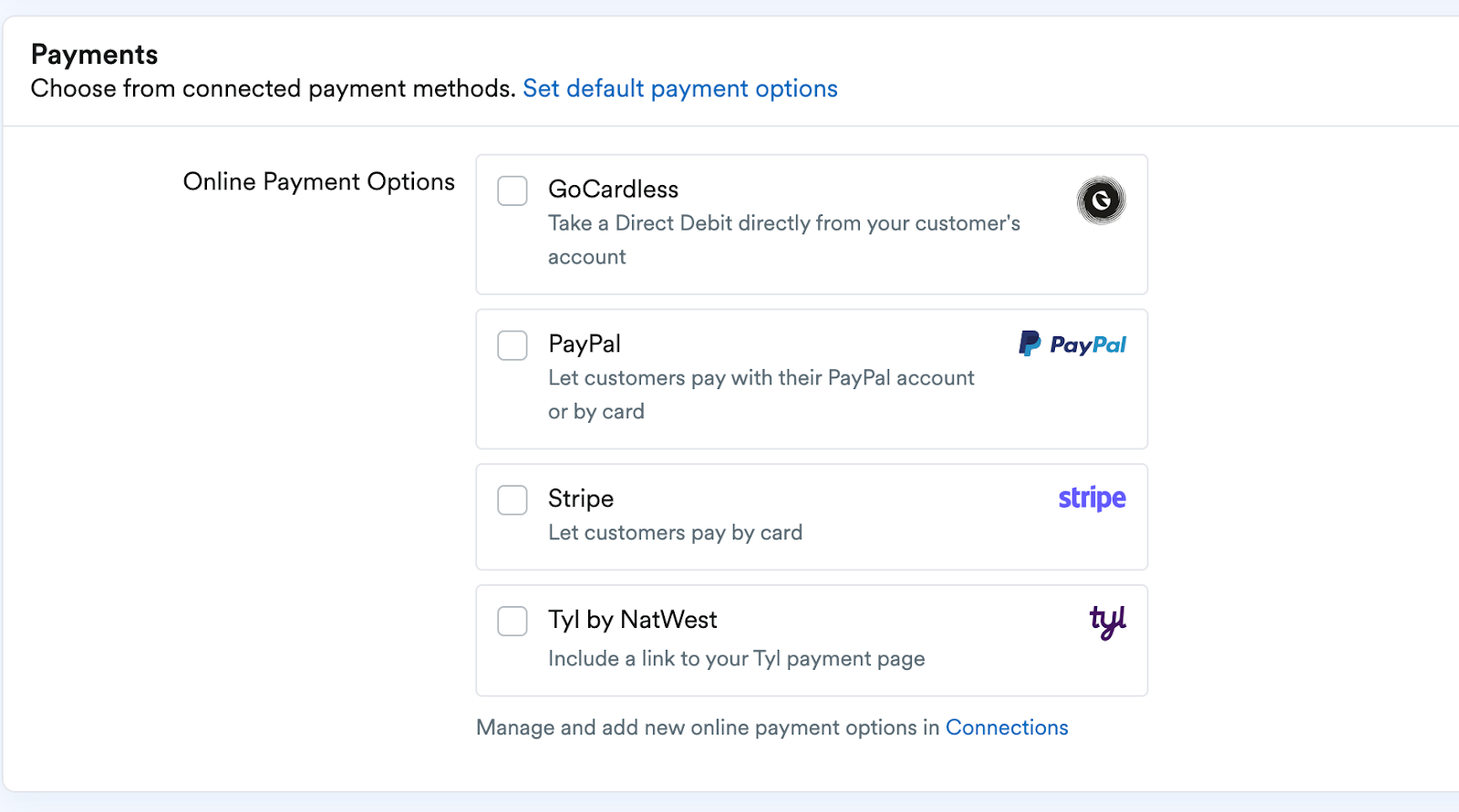 Payments options to choose from connected payment methods.