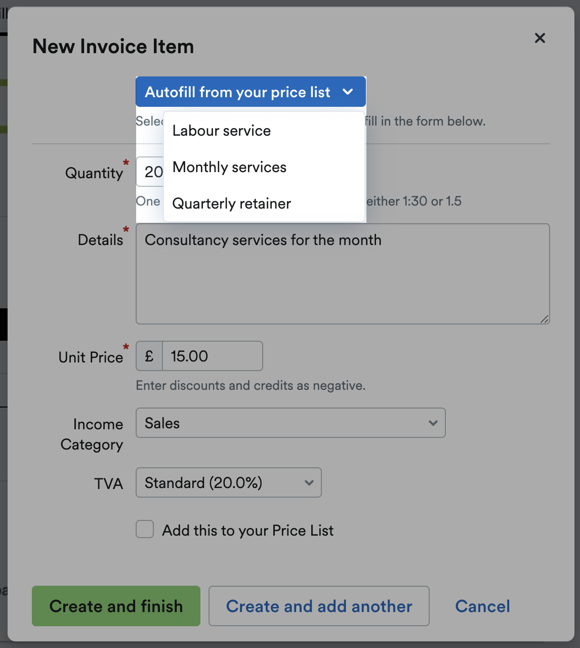Price list item being chosen when creating an invoice.