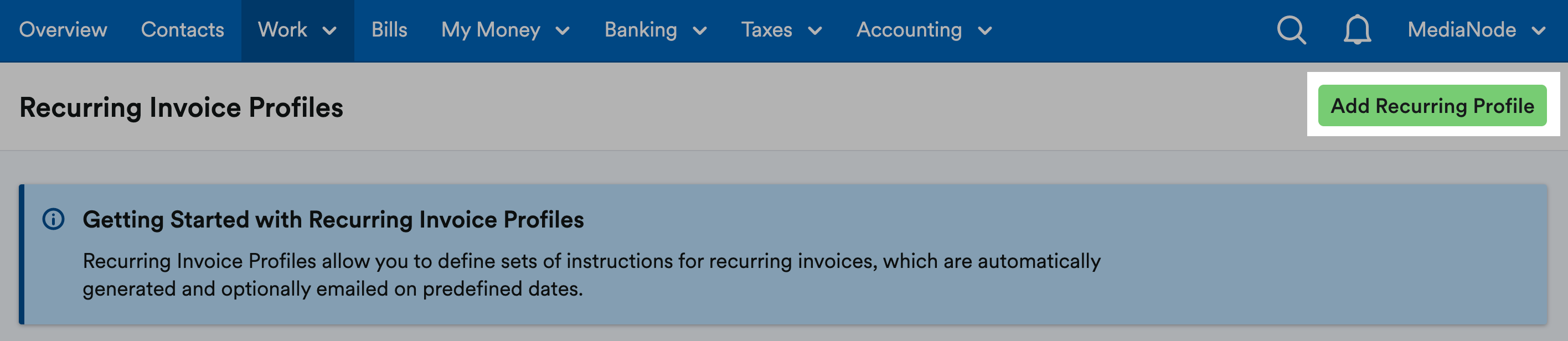 'Add Recurring Profile' button highlighted to demonstrate how to create a new recurring invoice profile.