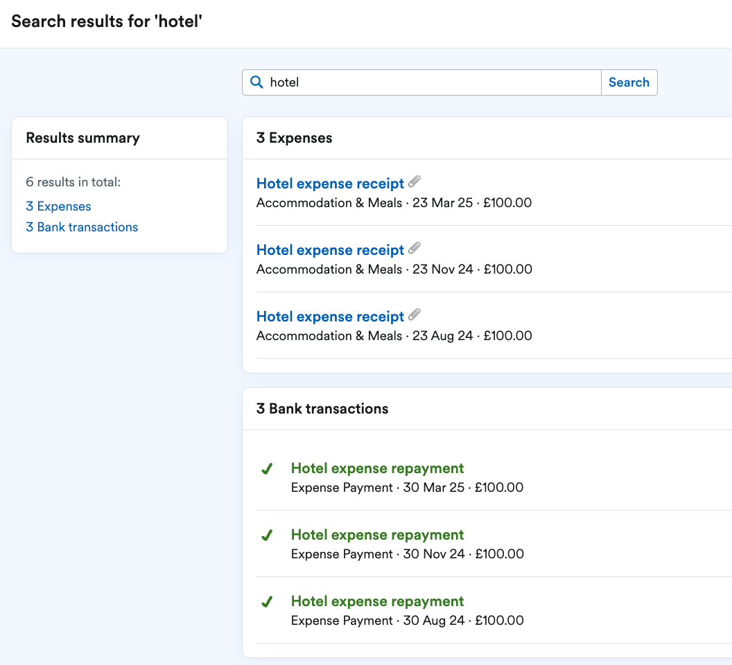 items in a FreeAgent account related to the 'Hotel' search.
