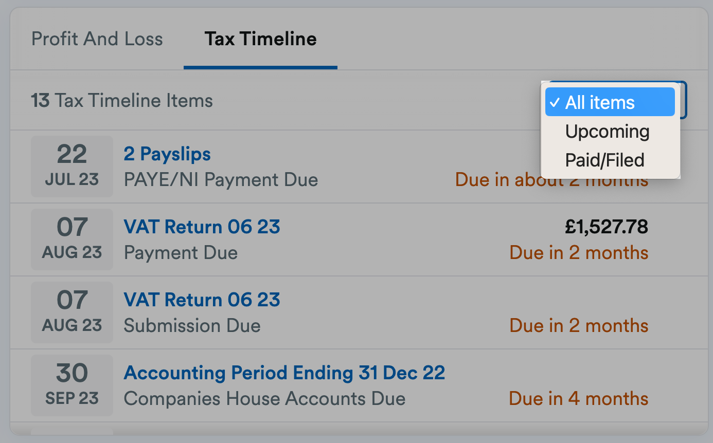 Filter options highlighted on the Tax Timeline.