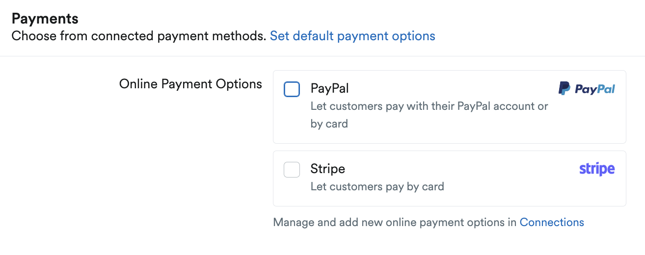 Payments page with options to choose from connected payment methods.