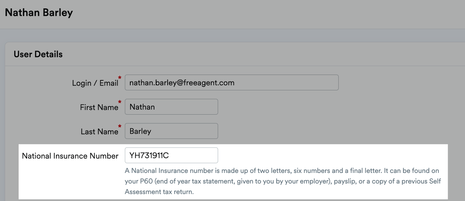 'National Insurance Number' field highlighted in User Details section.