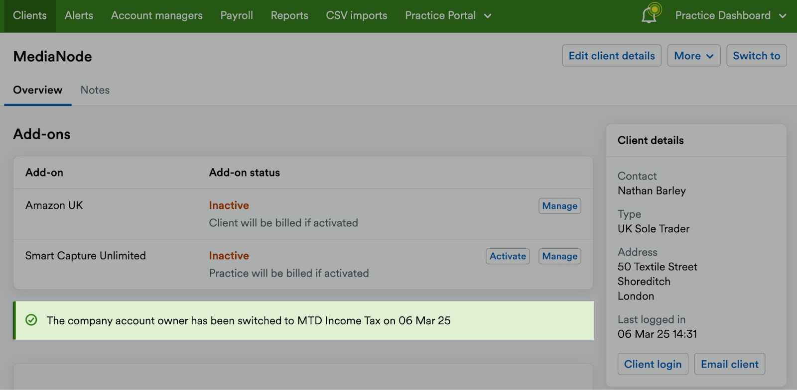 Pop up message saying the company account owner has been switched to MTD Income Tax.