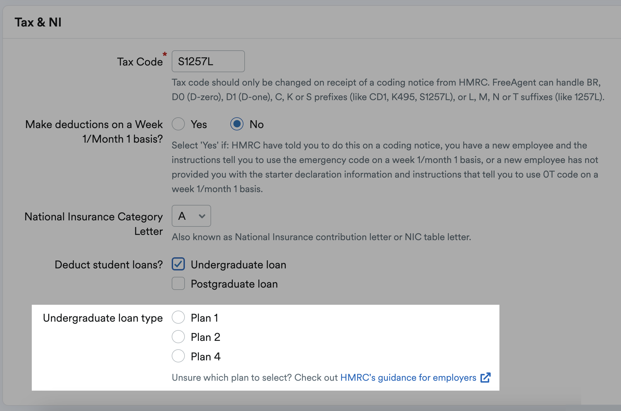 Options for selecting the undergraduate loan plan type