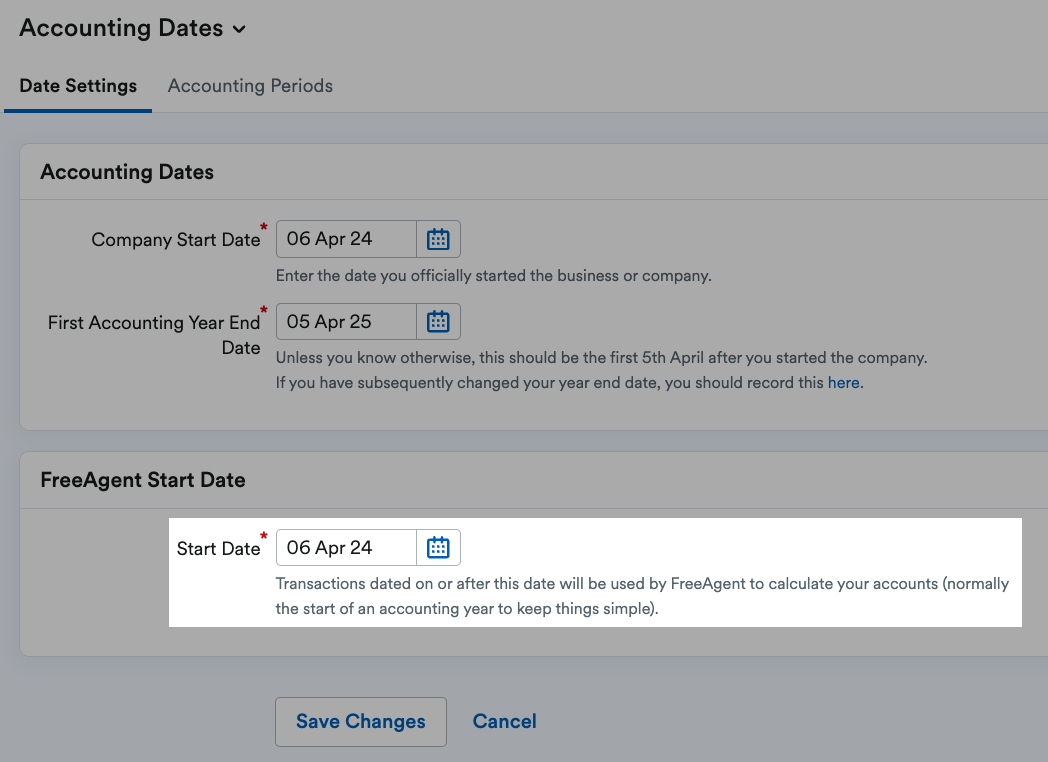 Start Date field highlighted in FreeAgent Start Date section.