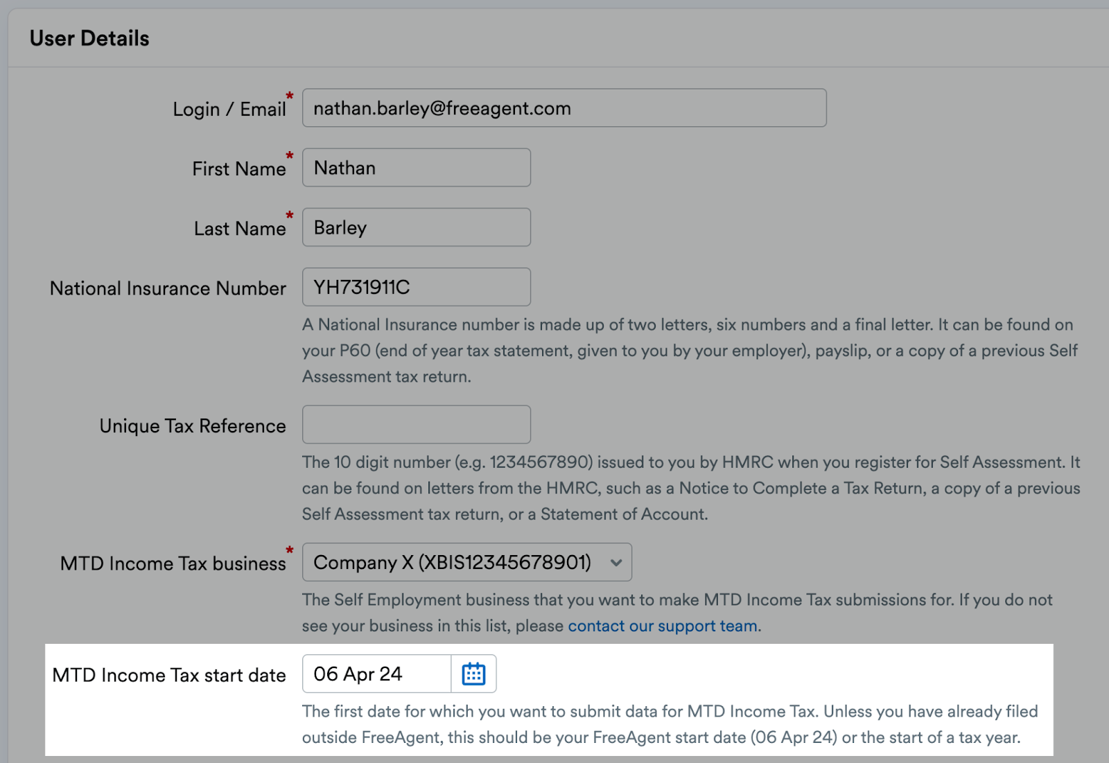 'MTD Income Tax start date' field highlighted in User Details section.