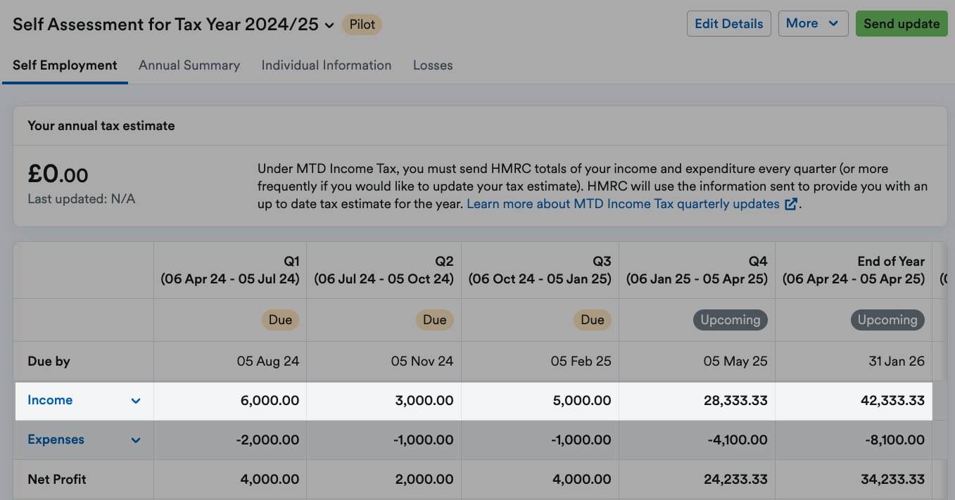 Income expandable section highlighted on Self Employment page.