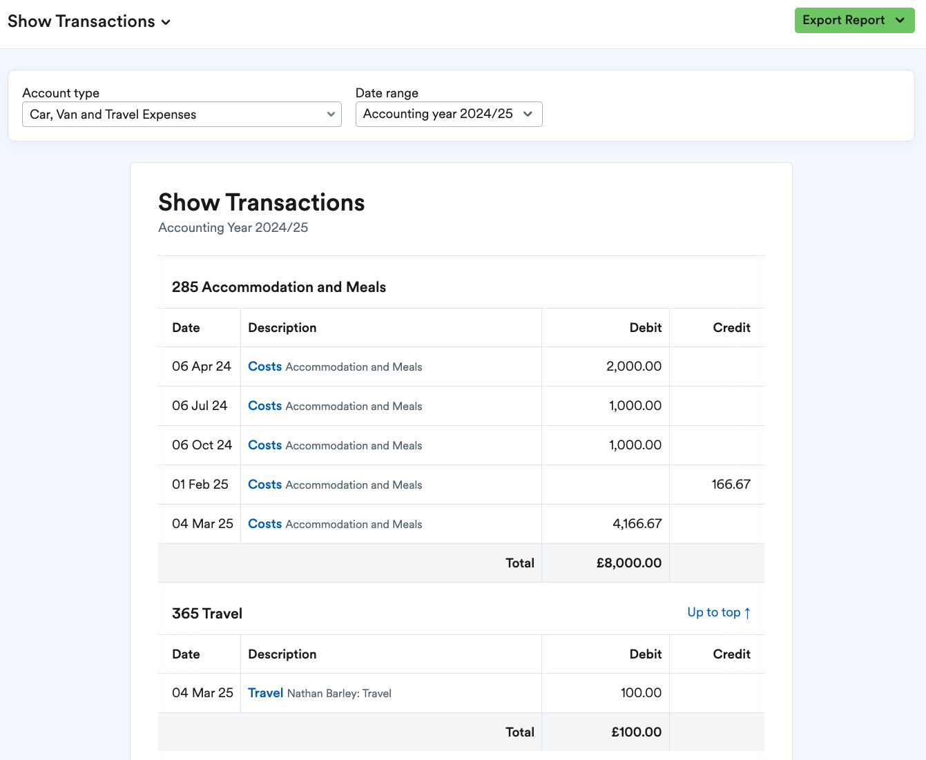 Show Transactions page with breakdown for selected Account type.