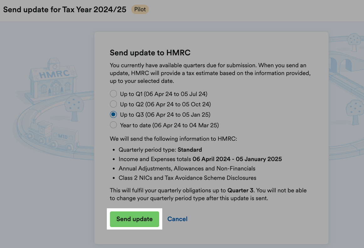 'Send update' button highlighted on Send update for Tax Year x page.
