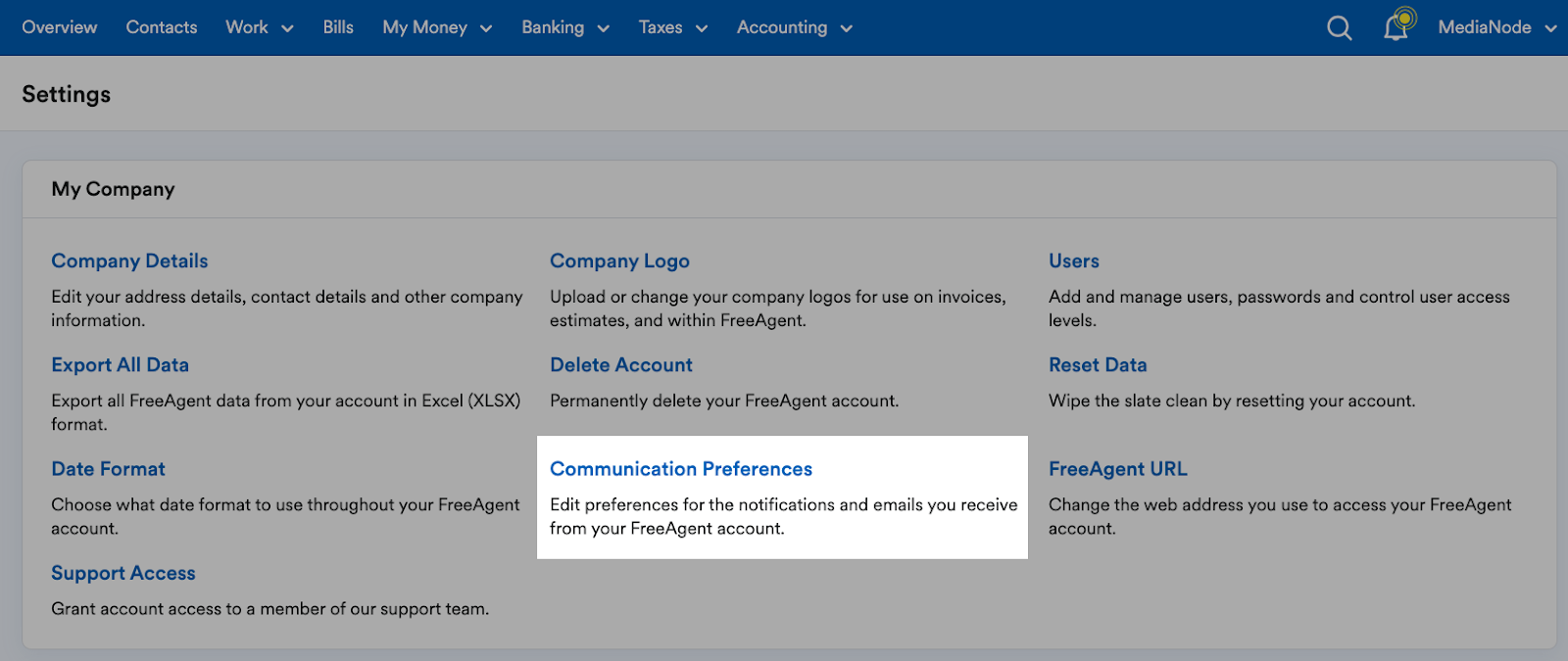 'Communication Preferences' highlighted under My Company section on Settings page.
