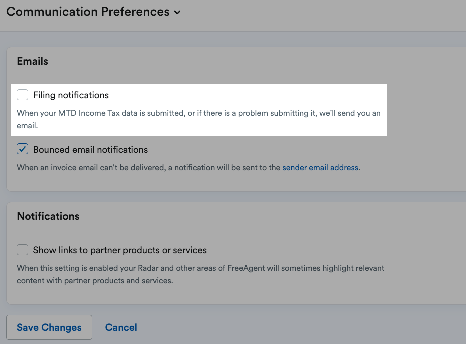 Filing notifications checkbox highlighted under Emails section of Communication Preferences page.