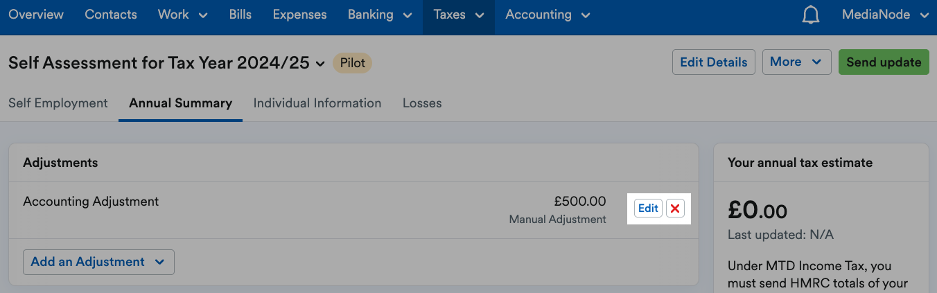 'Edit' button and red cross ('X') button highlighted next to adjustment.