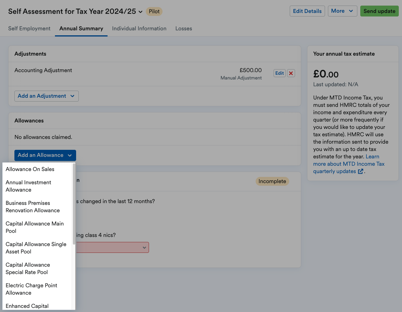Types of allowance listed on 'Add an Allowance' drop down menu.