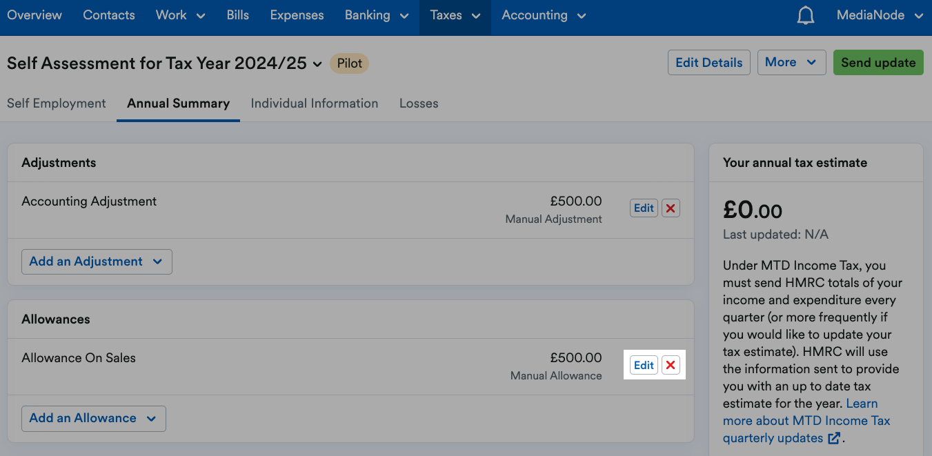 'Edit' button and red cross ('X') button highlighted next to allowance.