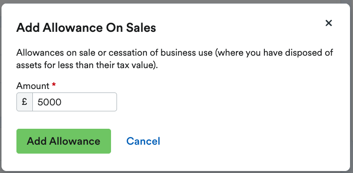 'Add Allowance On Sales' window with field to enter Amount.