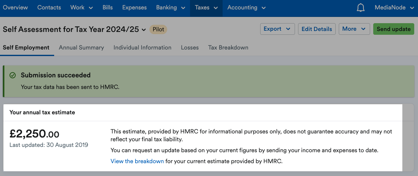 Annual tax estimate section highlighted on the Self Employment page of the Self Assessment return.